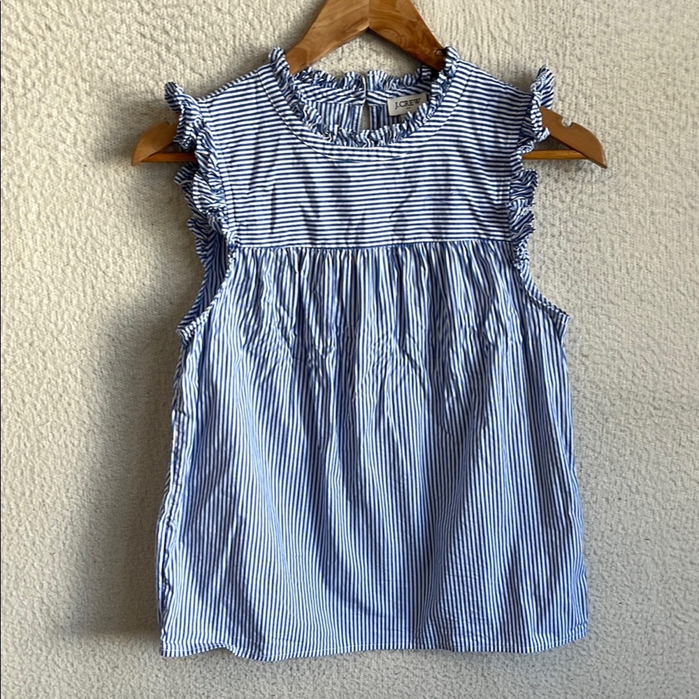 J. Crew Blue & White Striped Ruffle Sleeve Tee
